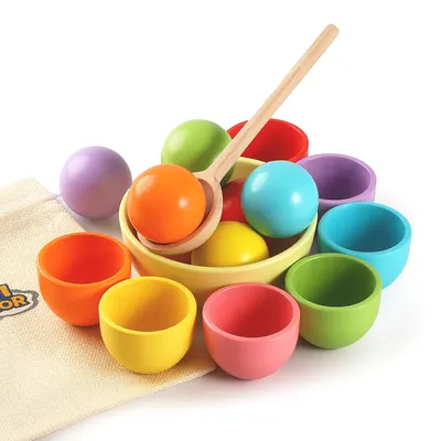 Imagen del producto de Juego de clasificación Montessori de madera, con 7 bolas de colores de 46 mm, para bebés y niños pequeños