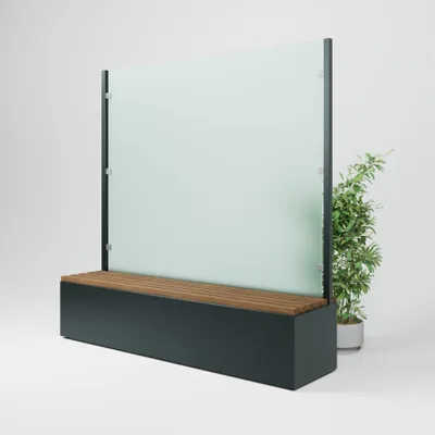 Produktbild von Windschutz Terrasse freistehend Capri Light | Gartenbank mit Sichtschutz, Stauraum & Pflanzkasten | satiniertes ESG Glas | 185 cm