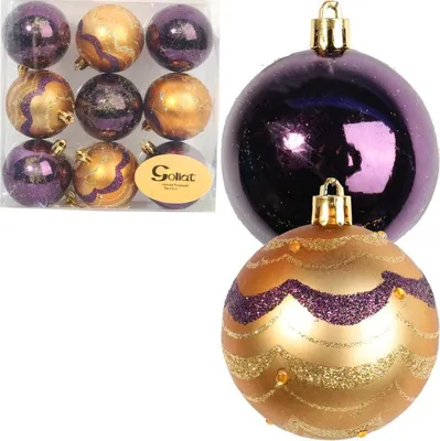 Produktbild von Set mit 9 lila-goldenen Weihnachtskugeln aus Kunststoff mit Glitzerverzierung, 6 cm