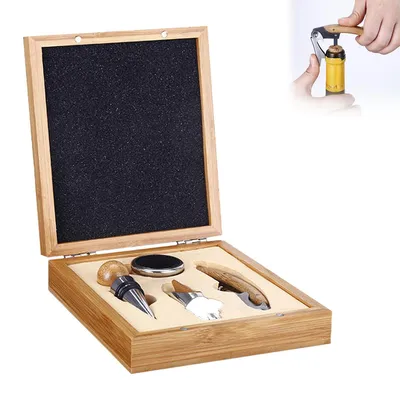 Produktbild von Multifunktionales Wein-Zubehörset in Bambusbox, inkl. Edelstahl-Flaschenöffner, Tropfring, Ausgießer und Rotweinverschluss