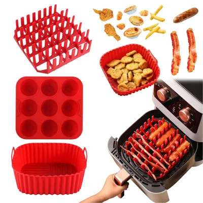 Produktbild von 3er Set Silikonform Heißluftfritteusen Zubehör für Airfryer, Rot