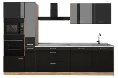 Imagen del producto de Mueble de cocina Vicco R-Line Negro brillo intenso/Roble dorado 310 cm encimera Mármol, Model 66447