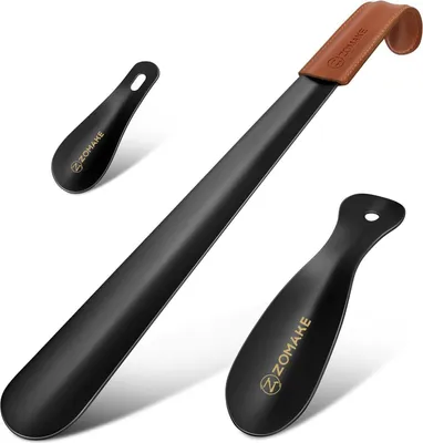 Zdjęcie produktu dla Zestaw metalowych łyżek do butów ZOMAKE - 3-częściowy czarny róg do butów ze stali nierdzewnej o długości 42 cm