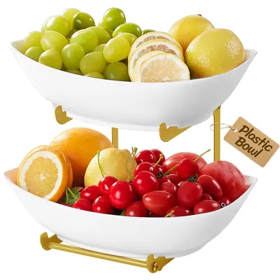 Produktbild von Obstetagere Obstschale Servierständer - 2 Etagen - Kunststoff und Metall - Gold - 28 x 21,2 x 23 cm