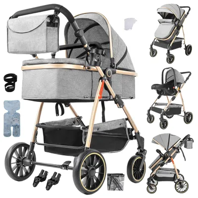 Imagen del producto de Cochecito para bebé, sistema de viaje 3 en 1, ligero y plegable, color gris V8