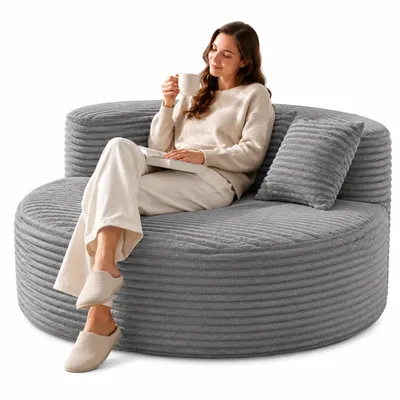 Obrázek produktu pro Pohovka "Sitzsack" 110 cm, potažená kvalitní tkaninou "chenille", s 2 polštáři. Jednoosobová pohovka, rozkládací, relaxační křeslo, kulatý povrch, potažené cordovou látkou, bez nutnosti montáže. Moderní jednoosobová pohovka, barva: béžová/šedá, productTiles.product.images.aiGenerated