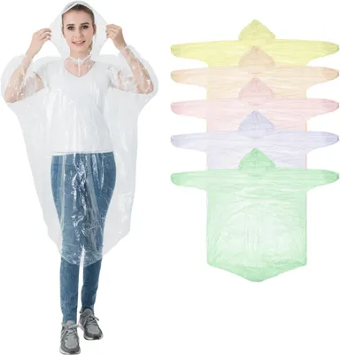 Produktbild von Einweg Regenponcho 5 Stück, Kapuze, Leicht, Wasserdicht, Für Outdoor Aktivitäten