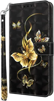 Produktbild von CLM-Tech Handyhülle kompatibel mit Xiaomi Redmi Note 15 5G Hülle - Tasche aus Kunstleder - Klapphülle mit Ständer und Kartenfächern - Schutzhülle Wallet Case Cover goldene Schmetterlinge schwarz