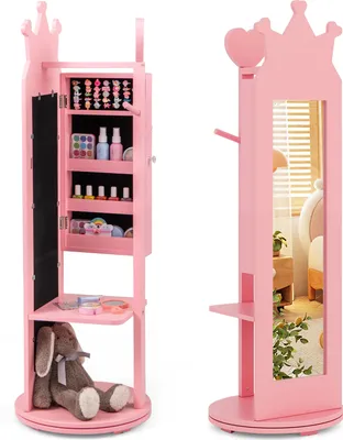 Produktbild von COSTWAY 4in1 Kinder Schmuckschrank, Spiegelschrank 360° drehbar mit Ganzkörperspiegel, Kleiderständer, Haken & Ablage, für Mädchen ab 3 Jahren Rosa