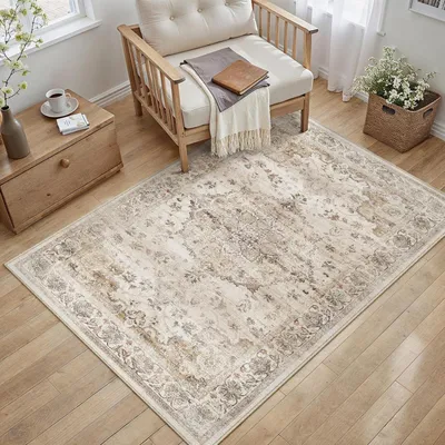 Image de Tapis de salon lavable, dimensions 80x150 cm, style vintage, peluche courte, couleurs beige et marron