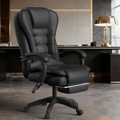 Productafbeelding van Ergonomische bureaustoel met hoofdondersteuning voor thuiswerken – Chefstoel en bureaustoel geschikt tot 150 kg, in hoogte verstelbaar met synchroonmechanisme en Polyurethanleer (rugleuning 90°-135°, zwart)
