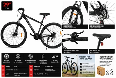 Produktbild von 29 Zoll MTB Mountainbike Herren 21 Zoll Rahmen 21 Gänge Scheibenbremsen Federgabel Schwarz, KI-generiertes Bild