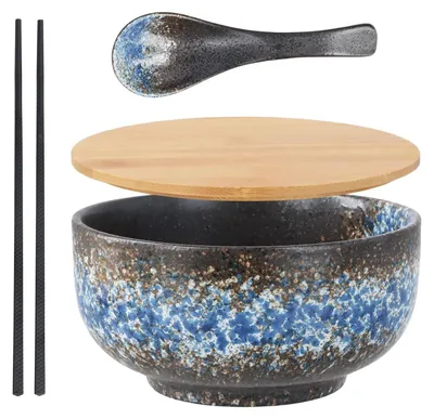 Productafbeelding van Ramen-set - 800 ml keramische kom met lepel en eetstokjes - Geschikt voor soep en salade - Blauwe textuur