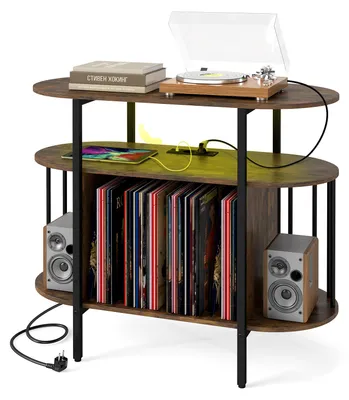 Immagine prodotto di Supporto per giradischi COSTWAY con illuminazione LED regolabile e base di ricarica, colore marrone rustico e nero