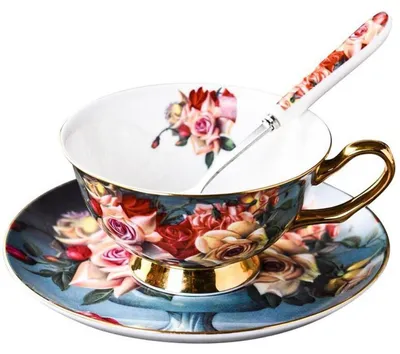 Zdjęcie produktu dla Zestaw filiżanki i spodka, 200 ml, porcelana kostna, wzór vintage z różami, z łyżeczką