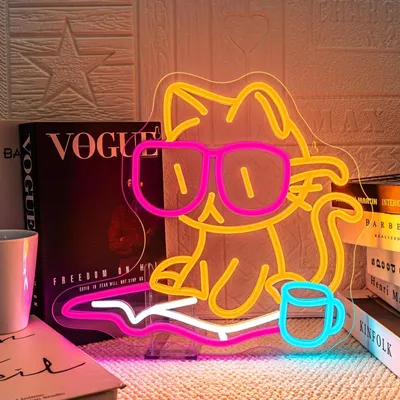 Image de Enseigne néon chat lecteur - 32 x 36 cm - Rose et jaune - Éclairage LED USB - Pour mur et fête