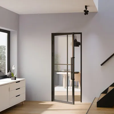 Produktbild von inova Loft-Glastür 830 x 2115 mm, DIN Links, Klarglas, Stahlrahmen Schwarz, Komplettset mit Zarge und Griffstange
