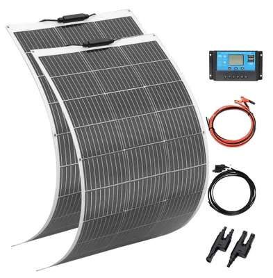 Immagine prodotto di Kit pannelli solari - Pannello solare monocristallino flessibile da 200W, con regolatore di carica da 20A e cavi per batteria
