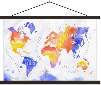 Produktbild von MuchoWow® Textilposter Weltkarte - Aquarell - Rot - Blau 90x60 cm mit schwarzem Rahmen - Aufhängungssatz