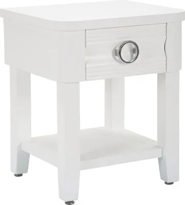 A white nightstand with a single drawer and a shelf underneath, shown from a front-facing angle.