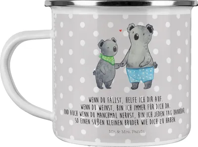 Produktbild von Mr. & Mrs. Panda Emaille Tasse Koala Kleiner Bruder - Grau Pastell - Geschenk, Geschwister, Koalas, Kaffeepott, Reisebecher, Blechtasse, Teetasse, Muttertag, Pott