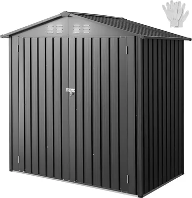 A dark gray metal shed with double doors and a pitched roof.