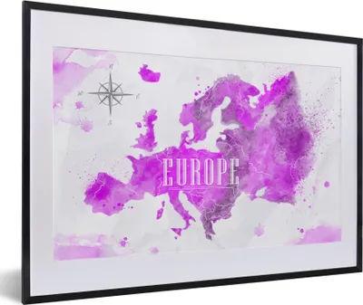 Produktbild von MuchoWow® MuchoWow® Gerahmtes Poster Weltkarte - Europa - Farben 60x40 cm - Poster mit zchwarzem Bilderrahmen - Schlafzimmer - Plakat in Rahmen - Drucken
