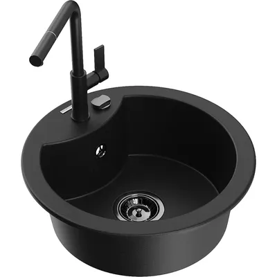 Obrázek produktu pro Mexen Diego 1-miskový granitový dřez s kuchyňskou baterií Flora, Černá - 6512-77-670401-70-B