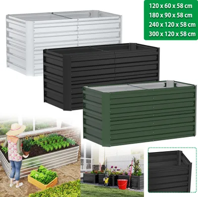 Collage of raised garden beds in different colors and sizes, with a lifestyle shot of someone gardening.