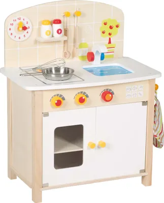 Produktbild von roba Spielküche, weiß, natur, Spielzeug-Küchenzeile mit 2 Kochstellen, Spüle, Wasserhahn & Zubehör