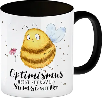 Produktbild von Pummel Biene Kaffeebecher in schwarz mit Spruch Optimismus heißt rückwärts