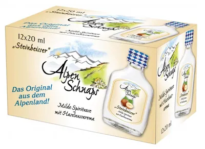 Produktbild von Alpenschnaps Steinbeisser Haselnuss Obstbrand 33 Prozent 12 x 20ml