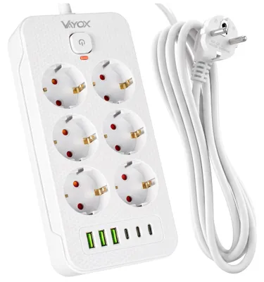 Produktbild von Vayox Steckdosenleiste 6-Fach Schuko 2m Weiß | Mehrfachsteckdose mit 3x USB-C 3x USB-A 2.1A | 2500W Mehrfachstecker mit Schalter Schuko