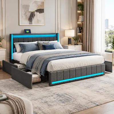 Imagen del producto de Cama tapizada INONEFT, 140x190 cm, cama doble con 4 cajones, cama juvenil con LED y USB, cama con espacio de almacenamiento, cama con somier, color gris oscuro