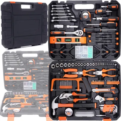 A tool kit laid out in its case.
