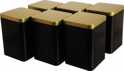 Produktbild von Dosenritter | 6 x edle eckige Teedose/Vorratsdose, Schwarz Gold, aromadicht aus Metall für je 240g Earl Grey | 13 x 9 x 9 cm (H,B,T) | Gewürzdose