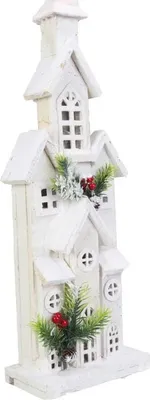 Zdjęcie produktu dla Świąteczna Dekoracja LED - Ośnieżony Drewniany Kościółek 55 cm, Biały, Zasilanie Bateryjne