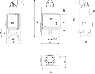 Technical drawings with dimensions of a fireplace insert.