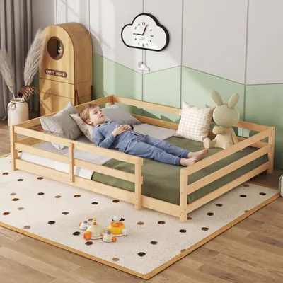 Produktbild von Montessori Bodenbett 140x200 cm Kinderbett Kiefer Massivholz Bettgestell mit Lattenrost & 4-Seiten-Rausfallschutz Natur Stabil bis 200kg