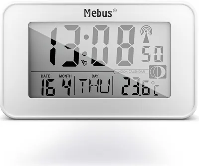 Produktbild von Mebus digitaler Funkwecker mit Mondkalender, Beleuchtung, Innenthermometer, 2 Weckzeiten, Schlummer-Funktion