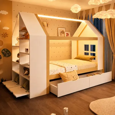 Obrázek produktu pro Dětská postel 90 x 200 cm, postel ve tvaru domku s LED osvětlením, 2 zásuvky, otevřené úložné prostory a skrytý úložný prostor, ovládání přes aplikaci, multifunkční postel, bílá/přírodní barva