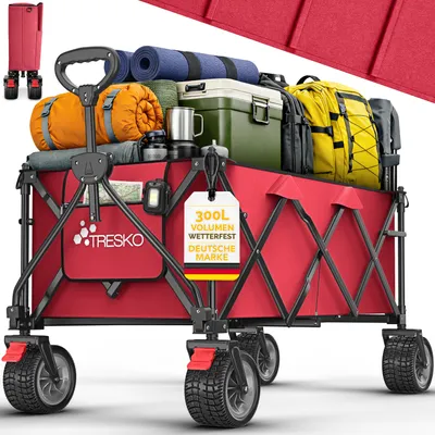 Produktbild von TRESKO® Bollerwagen faltbar 300L mit Bremse Rot | Handwagen klappbar 150kg inkl. Vollgummireifen | Faltbarer Strandwagen mit Extra Breite All-Terrain-Räder | Gartenwagen Transportwagen mit Tragetasche