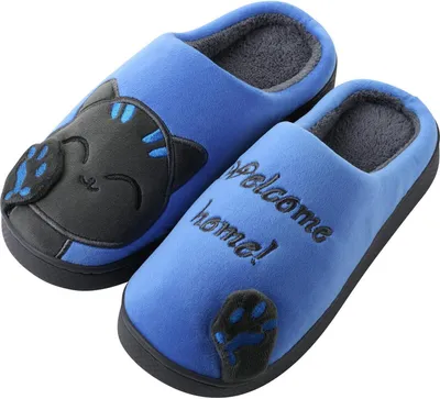 Produktbild von Kuschelige Plüsch Hausschuhe, Pantoffeln, Tier-Schlappen für Damen, Mädchen | 34/35 EU | Katze Schwarz Blau