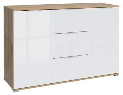 Produktbild von Buffet Selma mit 3 Schubladen und 2 Türen, Weiß und Holzoptik, 135cm