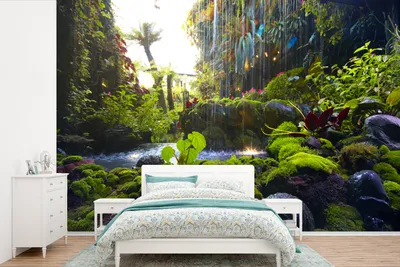 Produktbild von MuchoWow® Fototapete für Wohnzimmer oder Schlafzimmer Wandtapete Vinyl Motivtapete Tropischer Wasserfall - 360x240 cm - Vinyl-Tapete