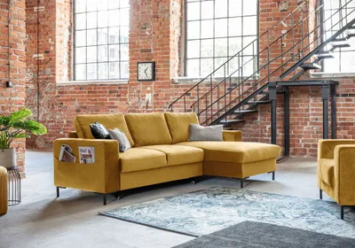 Produktbild von MIUFORM Lofty Lilly - Ecksofa mit Bettfunktion und Bettkasten L-FORM RECHTS - 236x148cm - Velours Senfgelb - Sofa Schlafsofa Couch