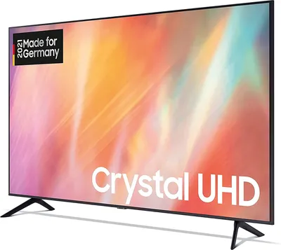 A Samsung Crystal UHD TV is shown from a diagonal angle on a white background.