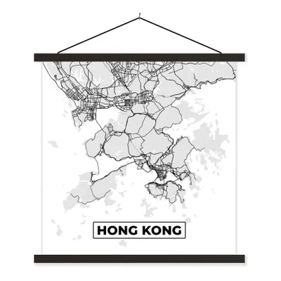 Produktbild von MuchoWow® Textilposter Hongkong - Stadtplan - Schwarz und weiß - Karte 120x120 cm mit schwarzem Rahmen - Aufhängungsset