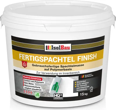 Produktbild von Isolbau Fertigspachtel Finish 15 kg, Glättspachtel Fugenspachtel, Gebrauchsfertige Polymer-Gips Fertig-Spachtelmasse für innen, Weiß Q1-Q7
