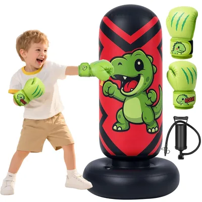 Image de Omgoods - Sac de frappe gonflable 130 cm - Gants de boxe - Enfants de 3 à 8 ans - PVC durable - Idéal pour l'entraînement de base à la boxe